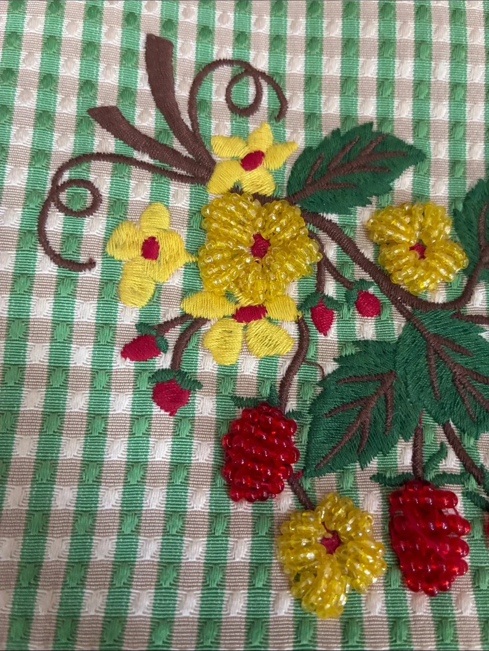 VINTAGE Isabella Fiore Red Leather&Green Gingham Bag w/ Floral&Fruit Embroidery